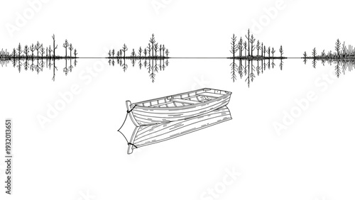 Tranquil scene with canoe and reflected trees on calm lake in linear style