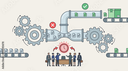 Business Process Bottleneck Concept Illustration with Gears, Pipeline, and Stressed Team Managing Workflow Delays, Project Management Struggle, and Efficiency Issues in a Corporate Environment