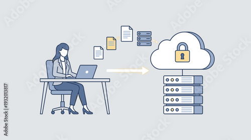 Businesswoman at desk using laptop to upload secure data files to cloud storage server, concept of digital backup, network security, and information technology management flat vector illustration.