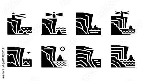 Minimalist lighthouse cliff icons with ocean waves and birds set