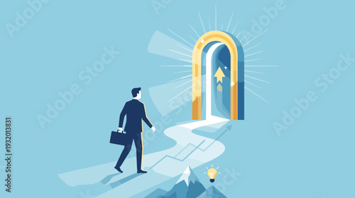 Businessman Walking Towards a Glowing Golden Door of Opportunity with Upward Arrow and Rising Growth Graph, Concept for Career Success, Business Vision, Future Achievement and New Beginnings Vector
