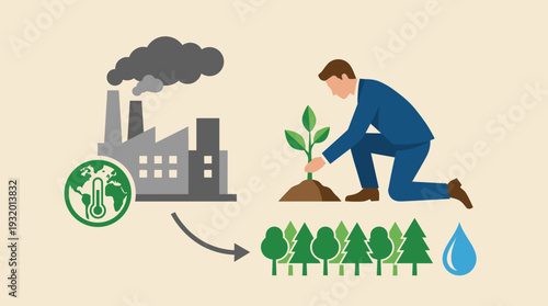 Eco-friendly sustainable concept of reducing factory pollution to help stop climate change and global warming with a businessman planting a tree for a greener future and environmental protection.
