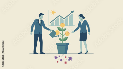 Business People Watering a Money Plant for Economic Recovery and Financial Growth After COVID-19 Pandemic Crisis, Concept of Investment, Wealth Creation, and Market Success with Upward Graph