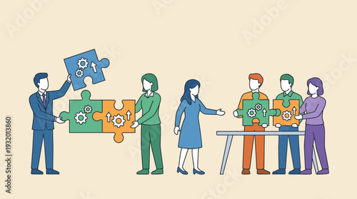 Effective team building and management concept with a diverse business team connecting large jigsaw puzzle pieces with gear icons and arrows symbolizing collaboration, strategy, and growth.