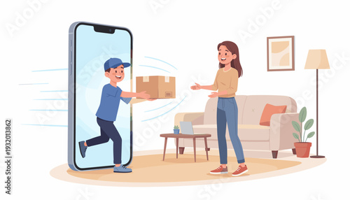 Fast Online Delivery Service Concept with Courier Coming Out of Smartphone Screen to Deliver Cardboard Box Package to Happy Woman in Her Living Room at Home, Mobile App E-commerce Shipping Vector