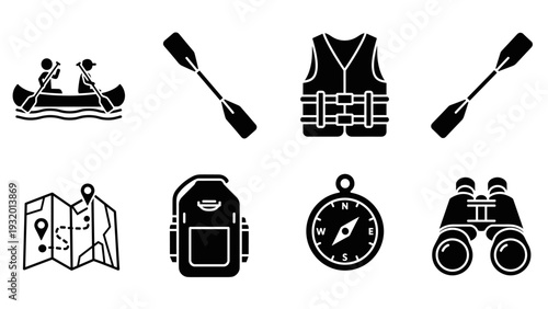 Outdoor adventure icons: canoe, paddle, life vest, map, backpack, compass, binoculars in black silhouette style