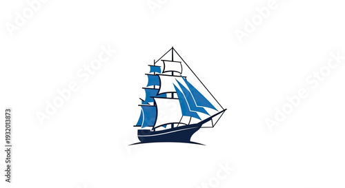 A blue and navy sailing ship illustration on a white background, sails billowing