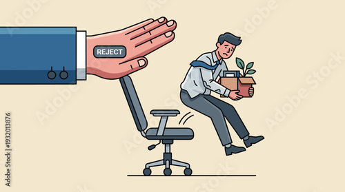 Vector Illustration of a Sad Office Worker Being Fired as a Giant Corporate Hand Presses a Reject Button, Pushing Him Out of His Chair While He Carries a Box of Belongings, Job Loss Concept.