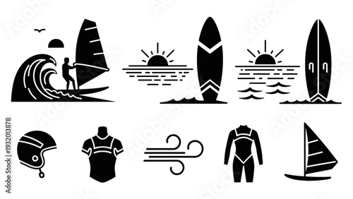 Surfing adventure: windsurfing and sunset in minimalistic black and white