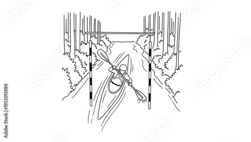 Canoe slalom in forest illustration with line art style