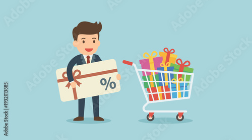 Businessman holding a large gift card with a percentage sign next to a shopping cart full of colorful gift boxes, representing discount coupons, loyalty rewards, and holiday shopping sales.