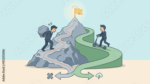Business Concept of Hard Work vs Smart Work with Businessman Carrying a Heavy Boulder up a Rocky Mountain Path while Another Rides a Scooter on a Smooth Road to Reach the Success Goal Flag.