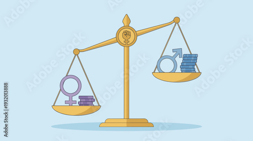 Gender Pay Gap Illustration showing Inequality between Women and Men on Scales of Justice with Feminism Symbol and Coins representing Wage Disparity and Social Injustice in Flat Vector Style
