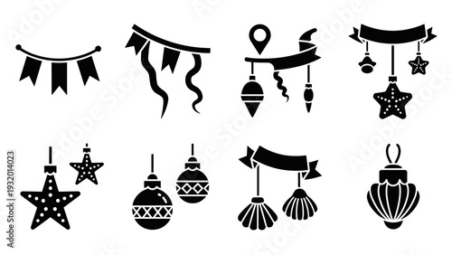 Holiday themed icons with banners and ornaments in black silhouette style