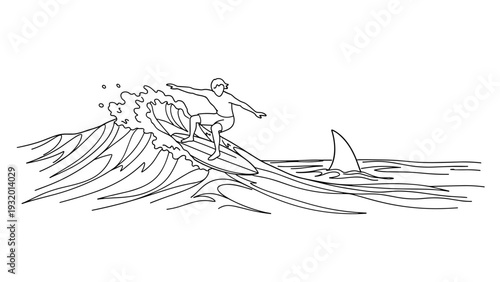 Surfer performing tricks on waves with approaching shark in minimalist line art