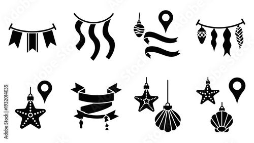 Minimalist black festive icons: garlands, shells, stars, and ribbons in silhouette style