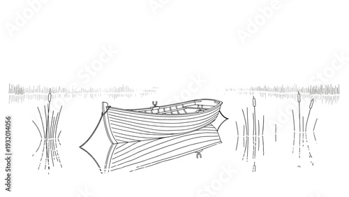 Serene lake with rowboat and reeds in minimalist artwork