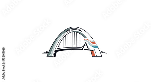 A graphic stylized bridge composed of an arch, supports, and waving lines