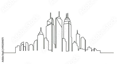 A minimalist black outline depicts a city skyline with skyscrapers and other buildings