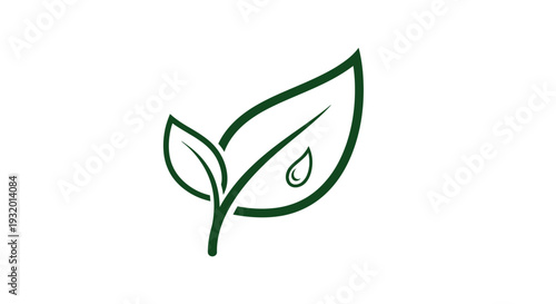Dark green outline of two leaves and a water droplet on a white background