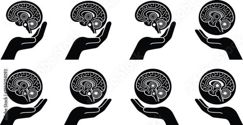 Black and white stylized silhouette illustration set of human hands holding brains with and without circular borders, symbolizing mental health, support, and design purposes
