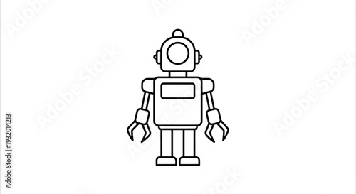 Outlined robot illustration, black on white background, with a circular head, rectangular torso, arms