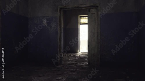 Wallpaper Mural Centered door frame revealing bright rectangular window, symmetrical composition with tiled lower walls and reflective floor, calm eerie mood balancing Torontodigital.ca