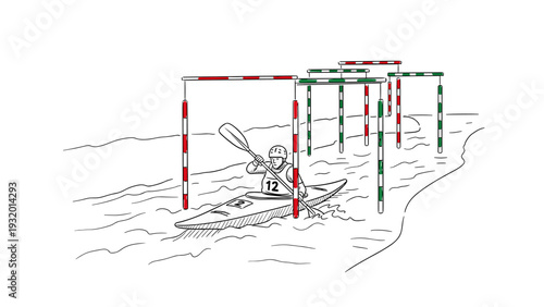 Canoe slalom athlete navigating course in line art style