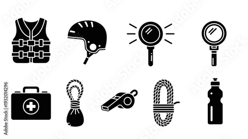 Adventure gear icons: essential safety equipment and tools for outdoor activities