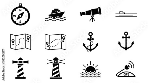 Nautical icons set featuring compass, ship, anchor, telescope, lighthouse, and map
