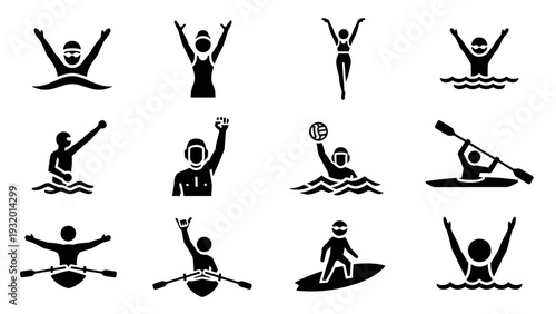 Silhouette icons of water sports activities including swimming and canoeing