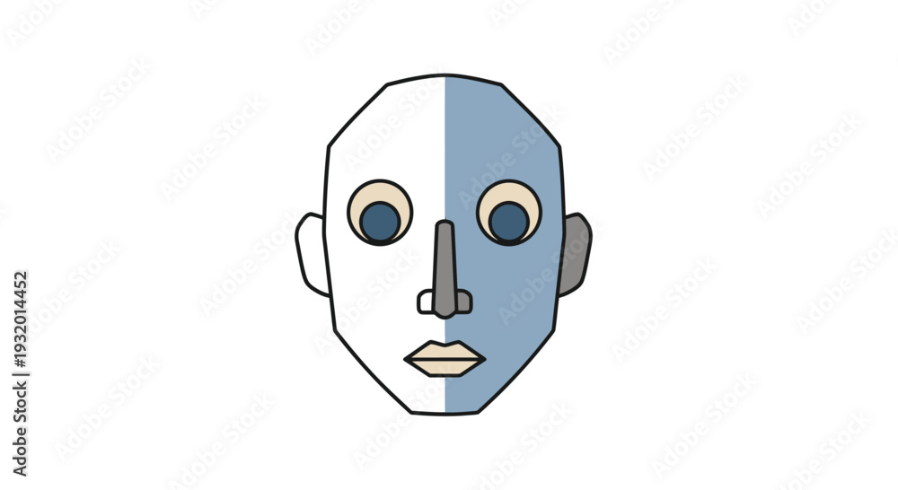 Fototapeta premium Stylized, geometric face with two-toned shading. Outlined in black. White background
