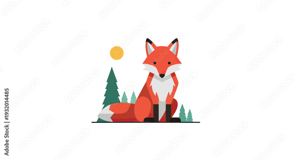 Fototapeta premium A geometric illustration features a fox seated in front of a forest scene with a sun