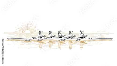 Teamwork and unity in rowing against a scenic sunrise background
