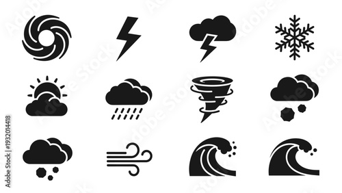 Weather icon set featuring storm clouds, snowflakes, and tornado symbols in solid style