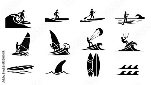 Silhouette icons of water sports including surfing, windsurfing, and kiteboarding