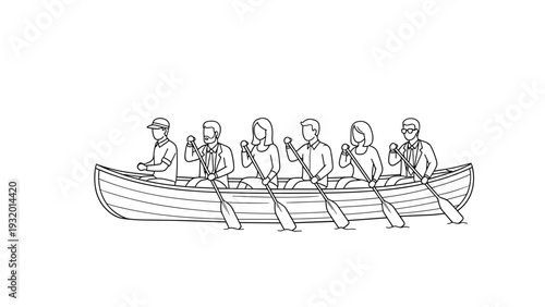 Teamwork concept with people rowing in canoe line drawing