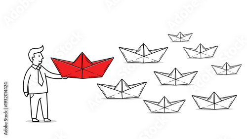 Leadership concept: person holding red paper boat leading others in minimalist style
