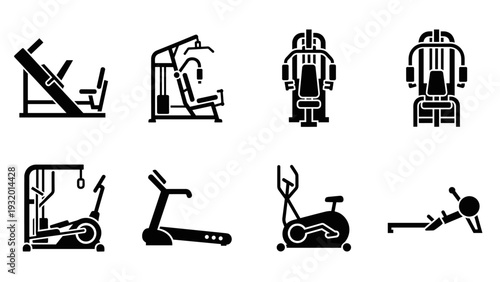 Gym equipment icons collection: fitness machines in solid black for exercise and workout routines