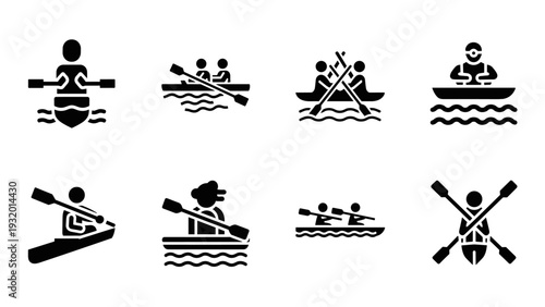 Silhouette rowing symbols: kayak, canoe, and team rowers in minimalist style