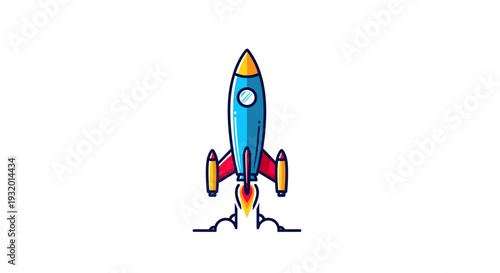 A colorful, cartoon rocket takes off against a white backdrop, leaving a trail