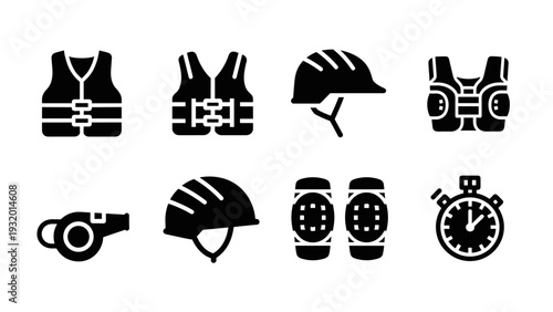 Set of various monochrome safety gear icons for sports and adventure activities
