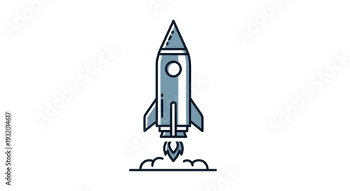 A stylized rocket design in blue and white, launching with smoke detail on a white background