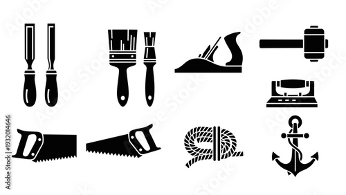 Silhouette of hand tools and nautical anchor icons for diy and craft projects