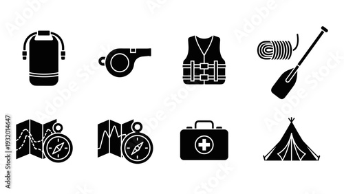 Black and white camping icons: backpack, kayak, compass, first aid kit, more