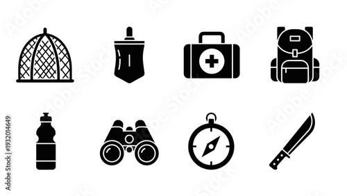 Silhouette icons of essential camping and outdoor adventure gear