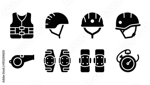 Essential outdoor sports gear icons for safety and protection