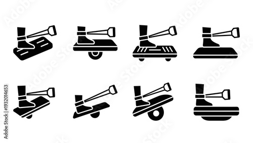 Silhouette icons of one wheeled and two wheeled electric skateboards and monowheels