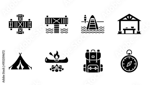 Camping adventure icons: tents, campfire, backpack, and more in silhouette style