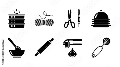 Set of black kitchen and craft tools icons in silhouette style